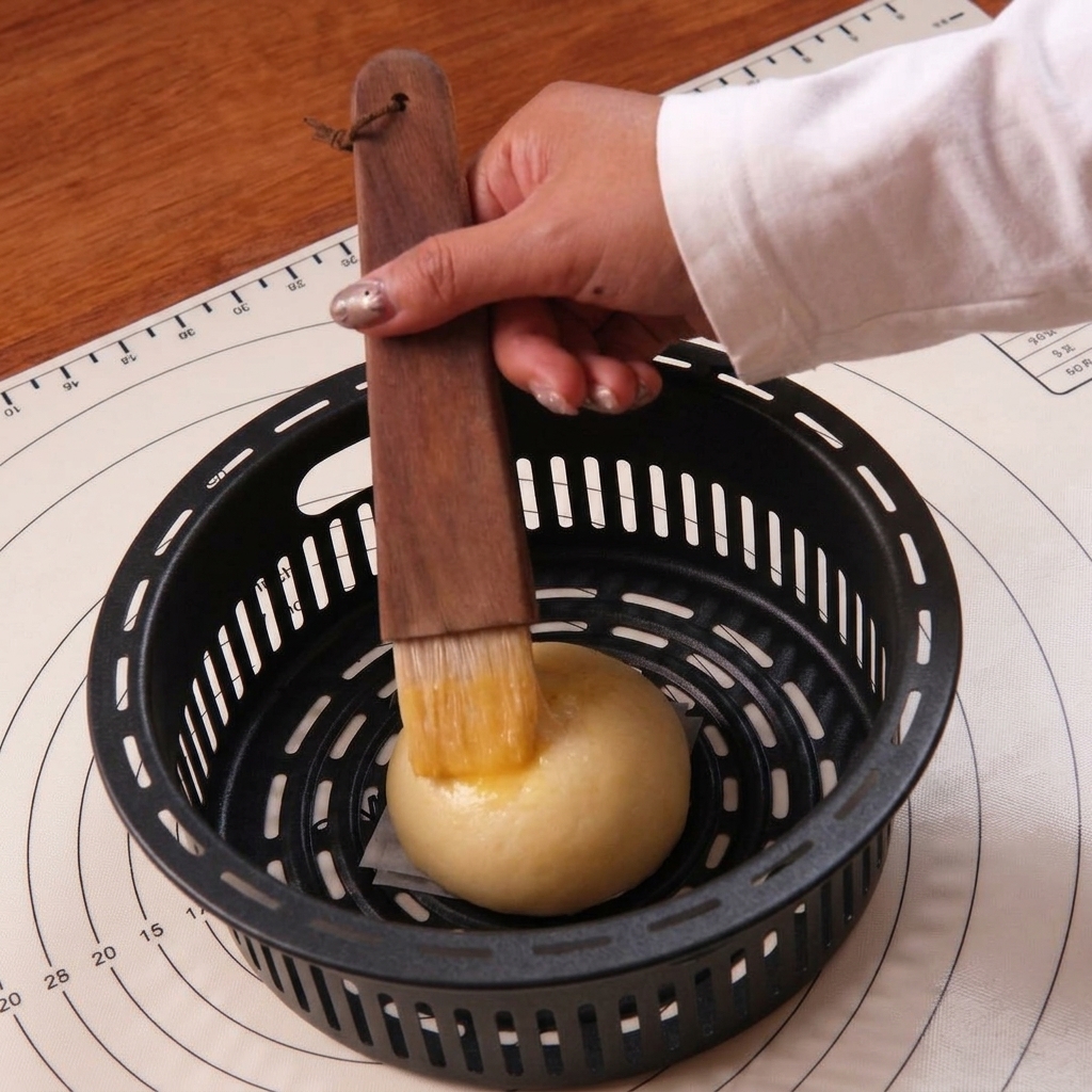 Une main utilisant un pinceau à pâtisserie pour napper une boule de pâte levée avec une dorure brillante.