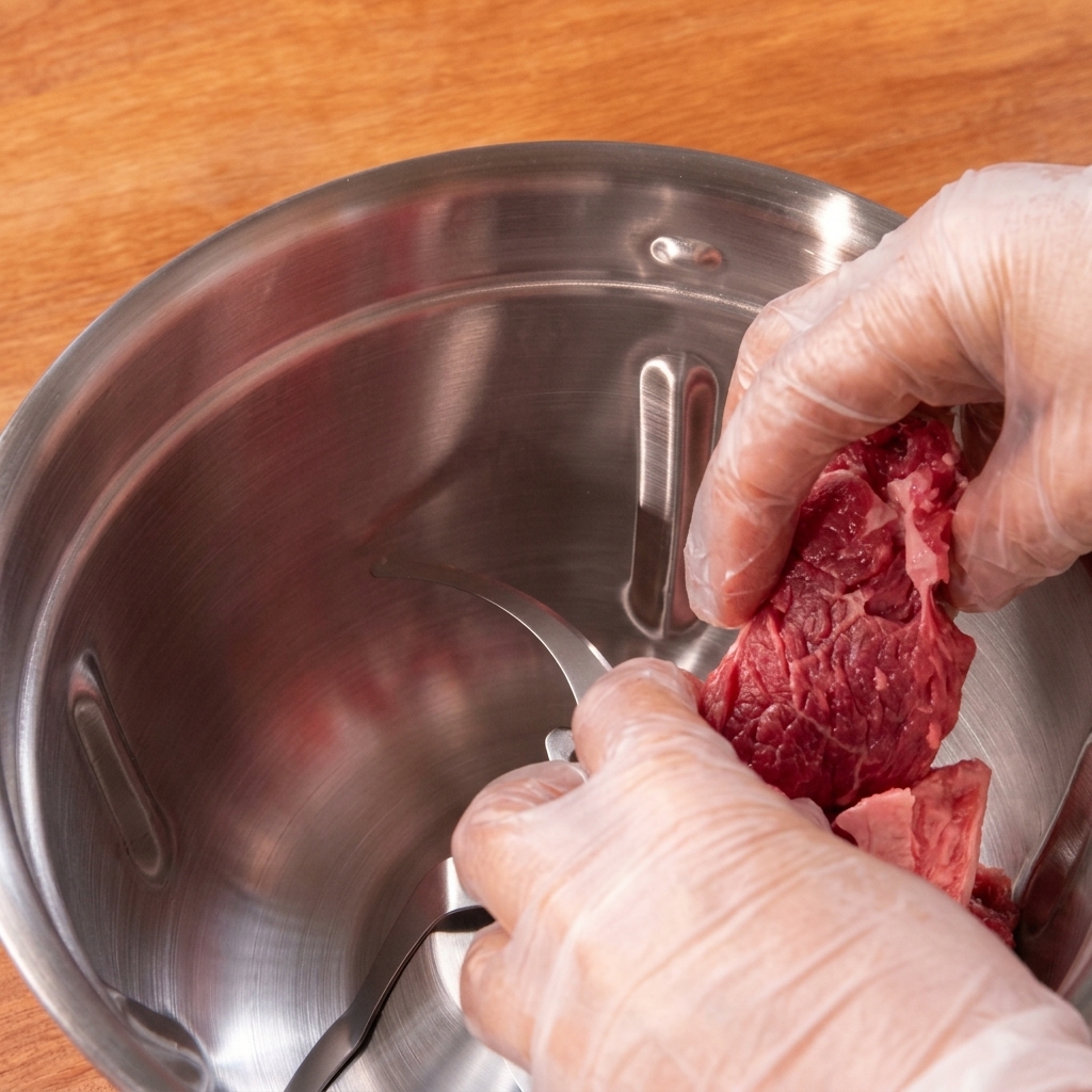 Des mains gantées plaçant des morceaux de bœuf cru dans le bol en inox dun robot culinaire.