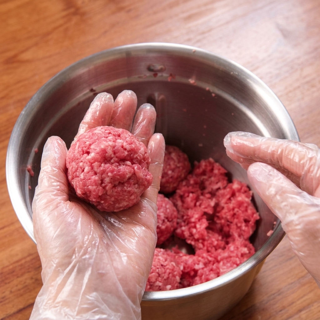 Des mains gantées façonnant une boule de bœuf haché au-dessus dun bol en métal.