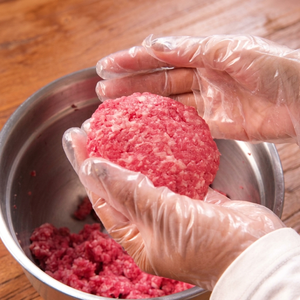 Des mains gantées pressant une boule de bœuf haché pour former un disque plat.