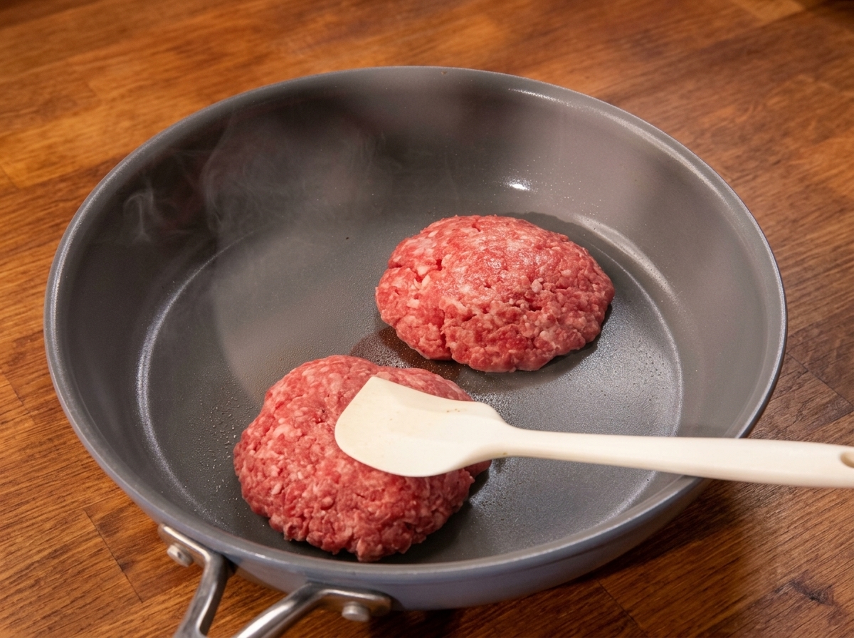 Deux steaks de bœuf saisissant dans une poêle chaude, une spatule pressant légèrement lun deux.
