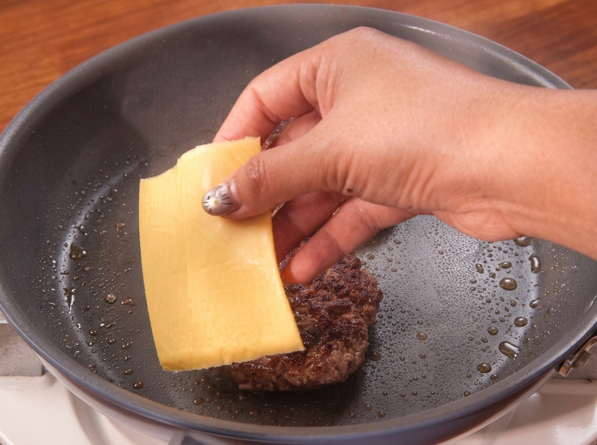 Une main déposant une tranche de fromage directement sur un steak de bœuf retourné dans la poêle.