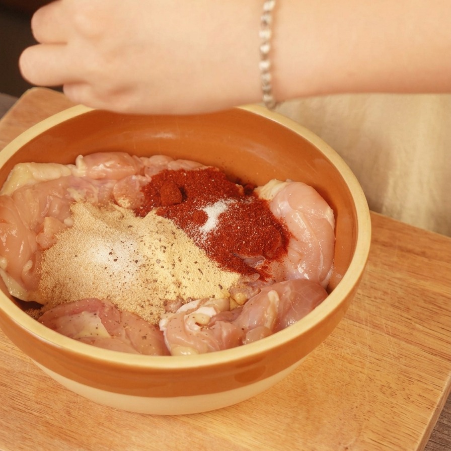 Une personne moulant du poivre noir sur du poulet enrobé de paprika et dail dans un bol brun.