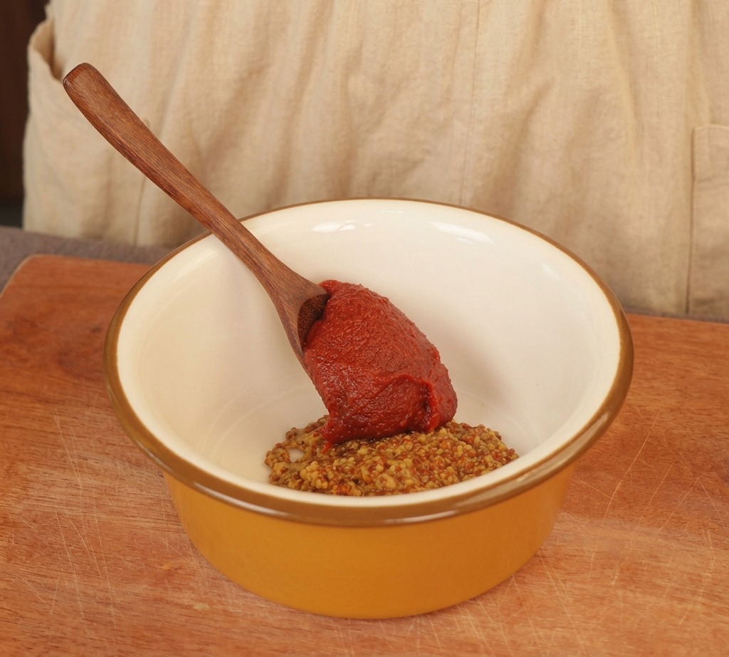 Une cuillère déposant de la pâte de piment rouge sur de la moutarde à lancienne dans un bol jaune.