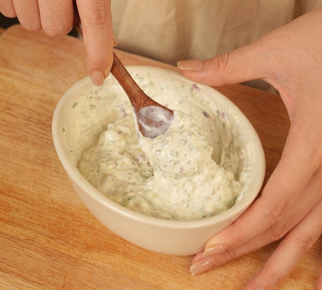 Cuillère remuant une sauce blanche crémeuse parsemée déclats doignon rouge et dherbes.