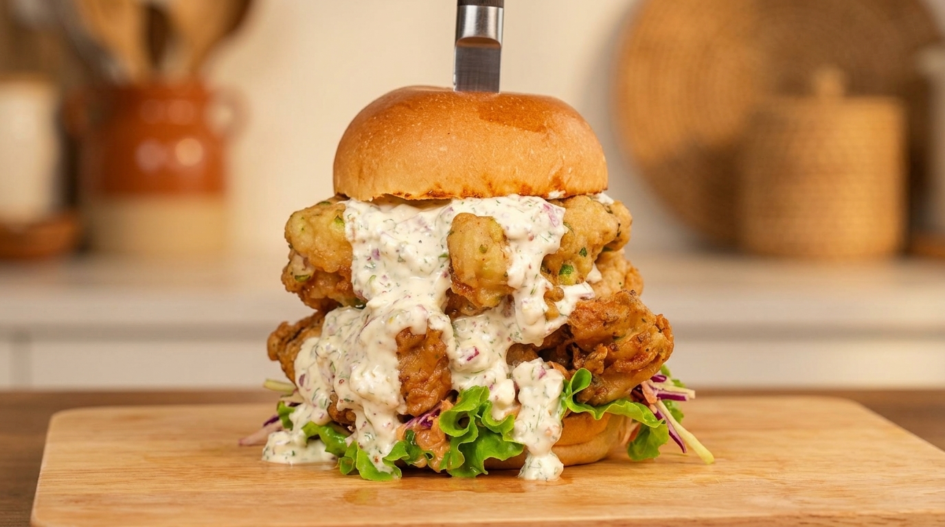 Burger au poulet frit à double étage, pâte aux oignons verts et sauce yaourt-oignon