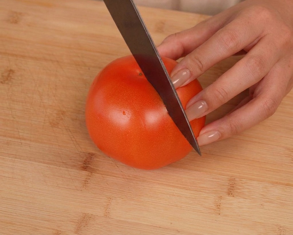 Un couteau bien aiguisé pratiquant une légère incision en croix sur le dessus dune tomate rouge mûre sur une planche à découper.