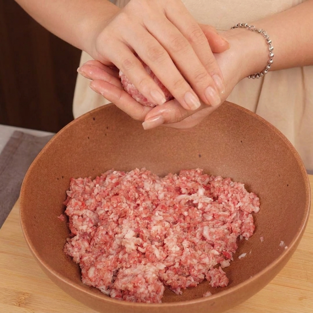 Mains façonnant délicatement une boule de bœuf haché cru au-dessus dun grand bol de viande.