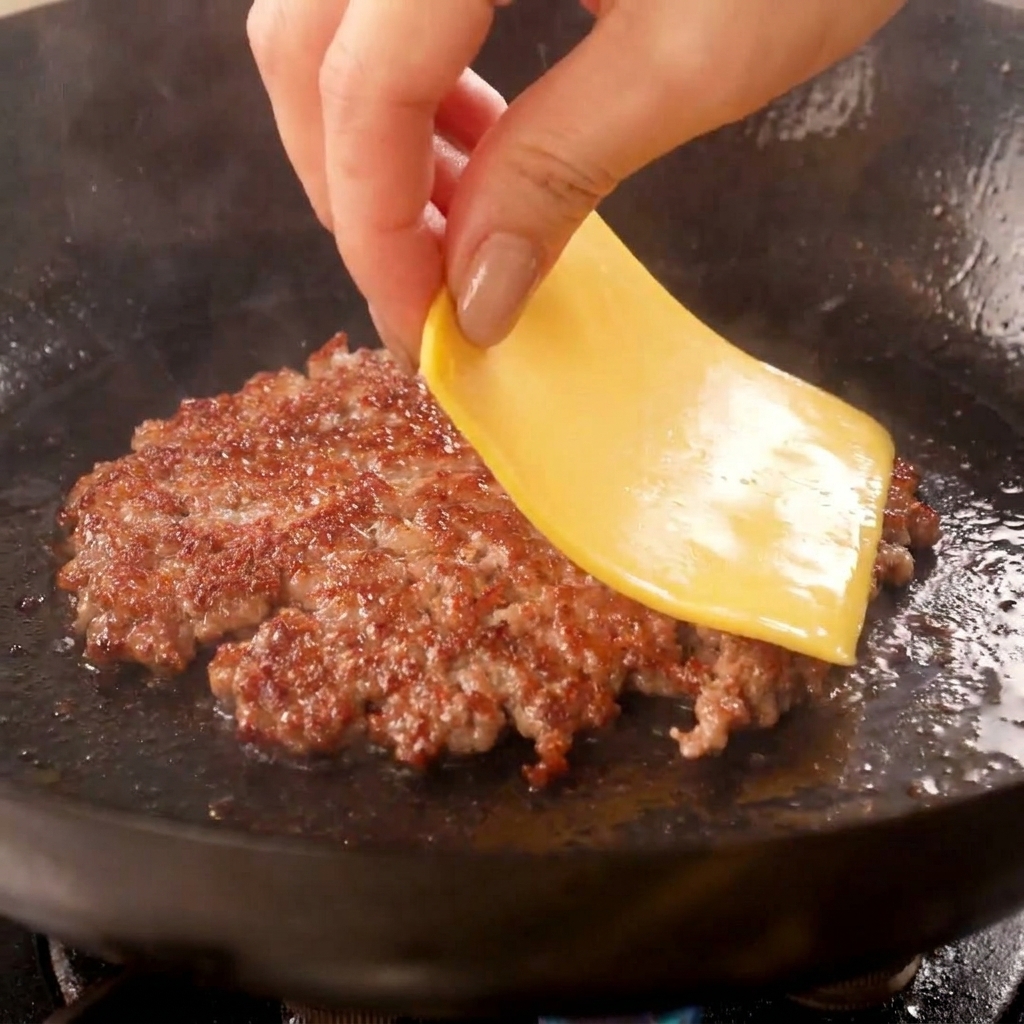 Une main déposant une tranche de fromage jaune sur un steak de bœuf aplati et bien grillé dans un wok.