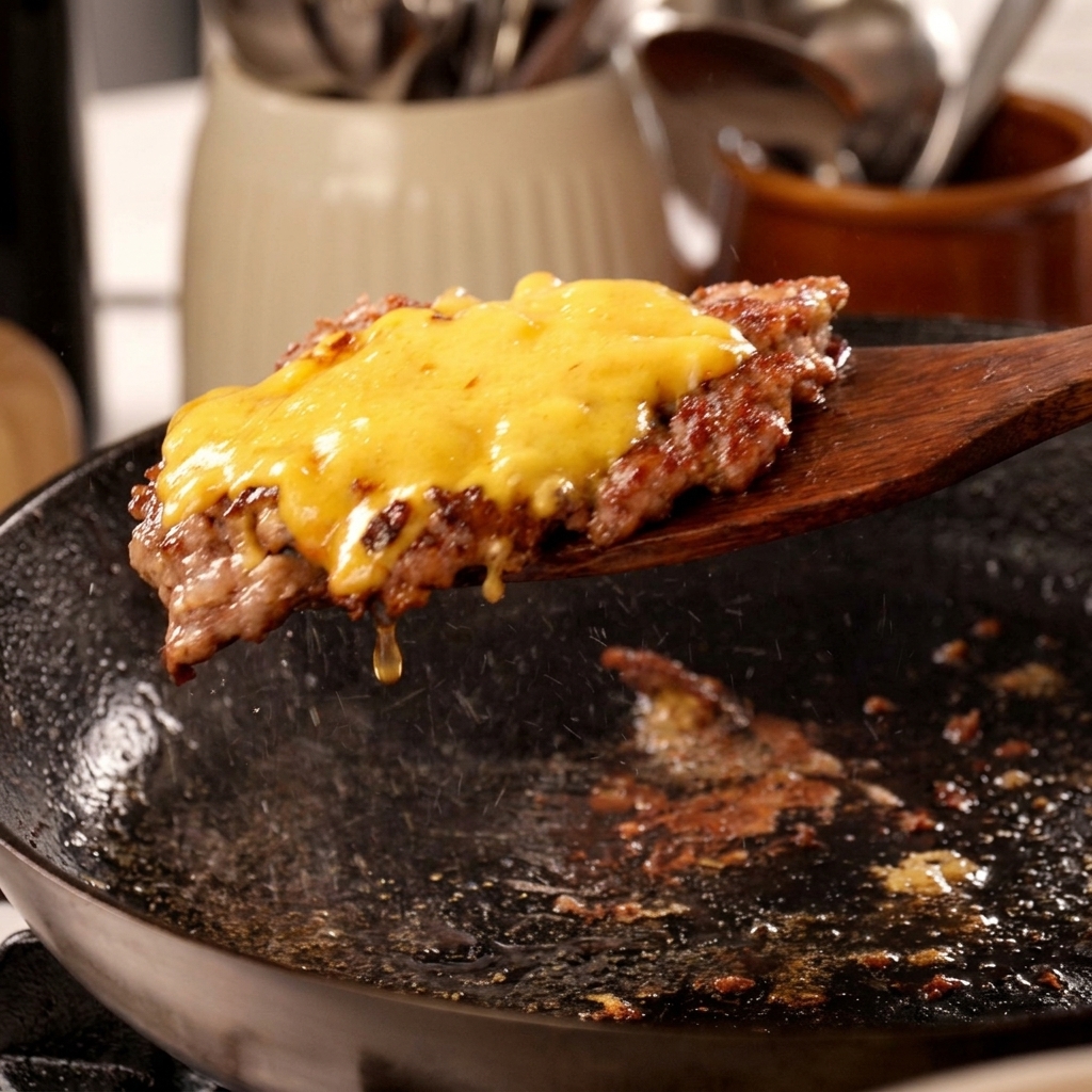 Gros plan dun steak de bœuf juteux surmonté de fromage fondu, soulevé dune poêle chaude avec une spatule en bois.
