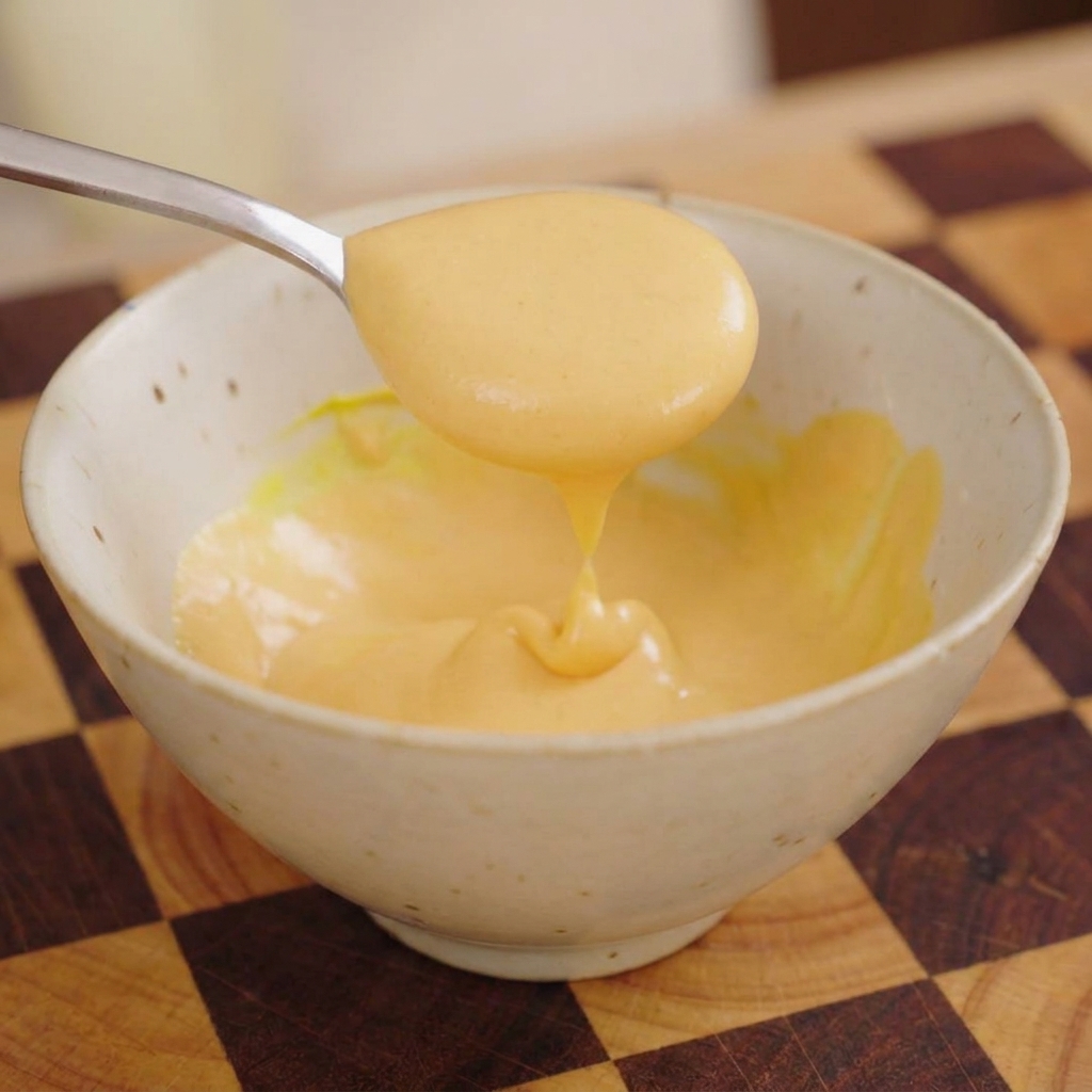 Une cuillère mélangeant une sauce onctueuse jaune pâle dans un bol en céramique.