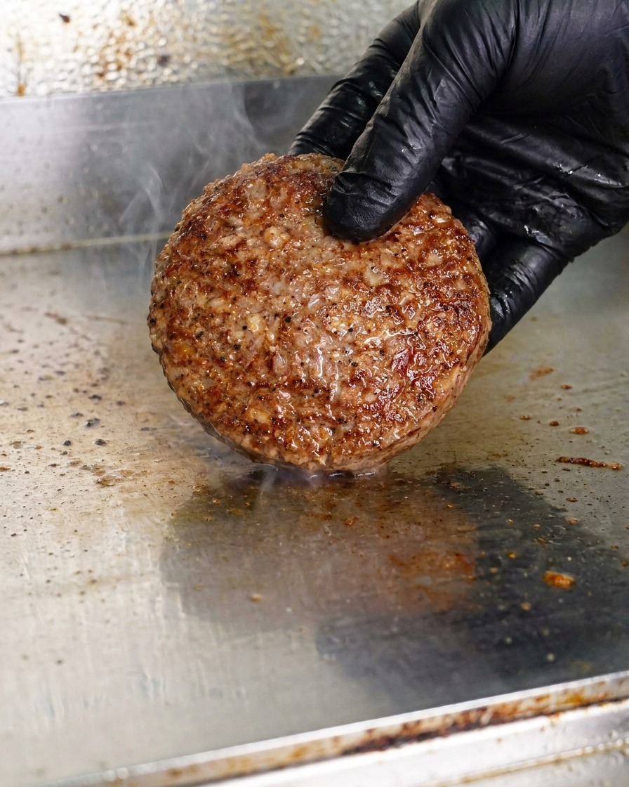 Une main gantée déposant une boule de bœuf haché cru sur une plaque de cuisson métallique chauffée.