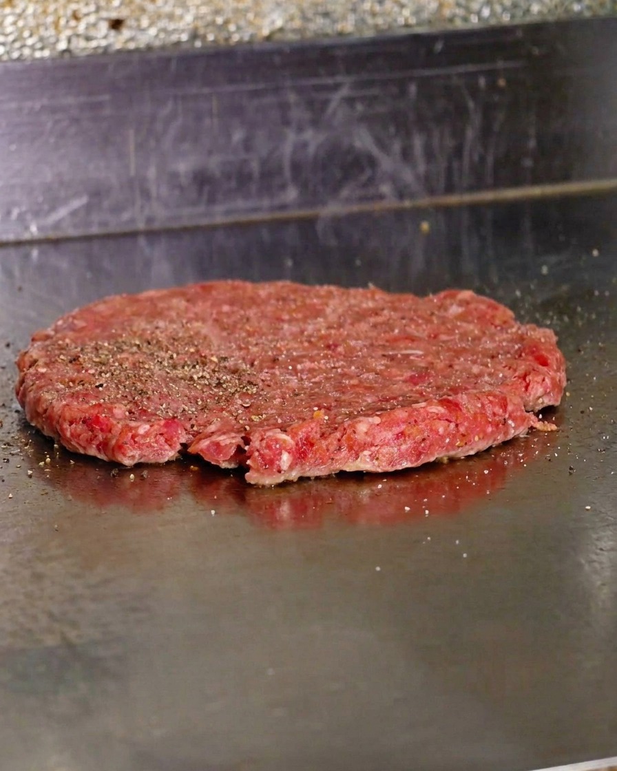 Un steak de bœuf aplati sur une plaque, visiblement assaisonné de poivre noir concassé.