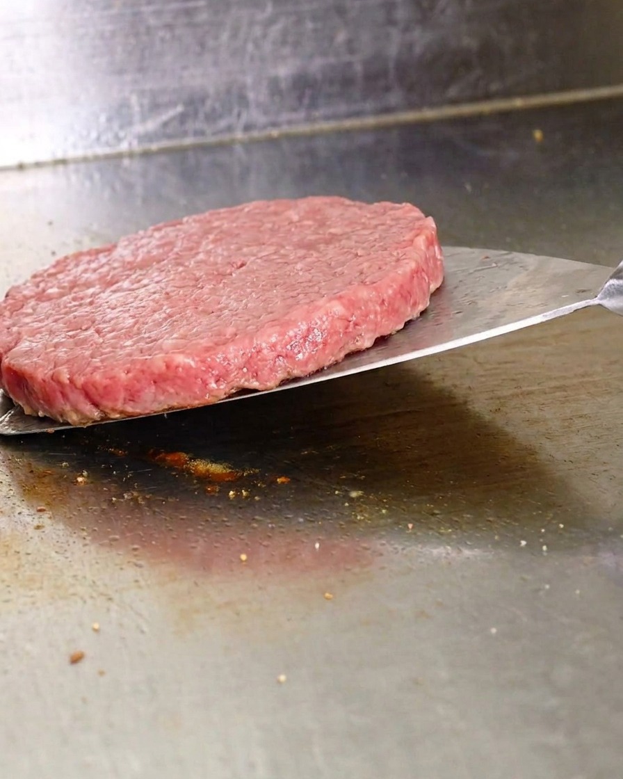 Une spatule métallique soulevant un fin steak de bœuf dune plaque chaude pour le retourner.