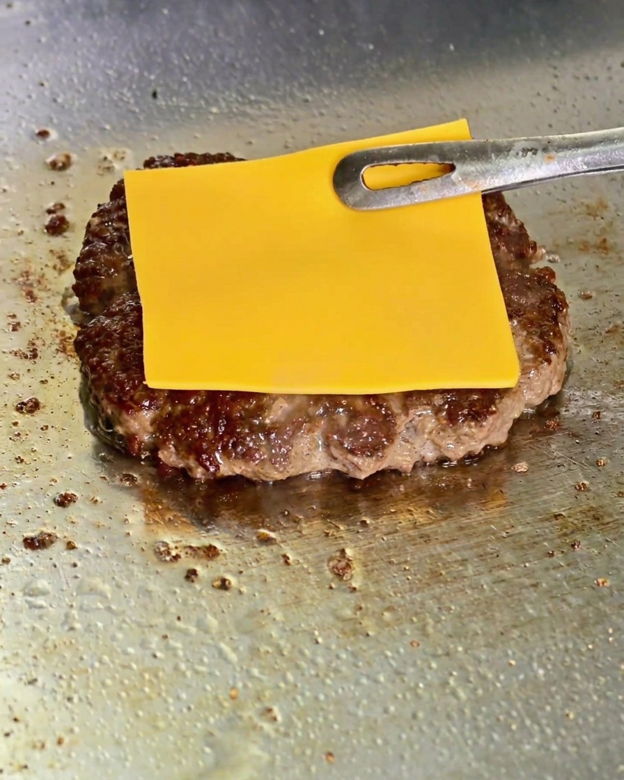 Des pinces métalliques déposant une tranche de fromage jaune sur un steak de burger doré sur une plaque.