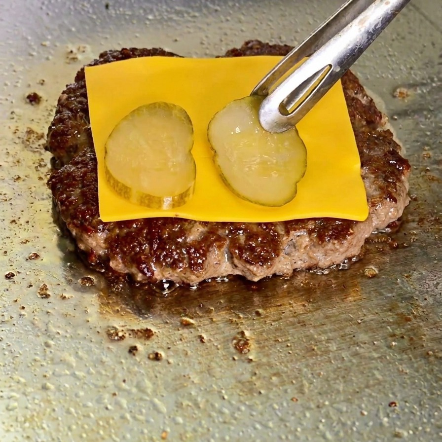 Des pinces déposant une troisième rondelle de cornichon sur le fromage fondant recouvrant un steak de bœuf saisi.