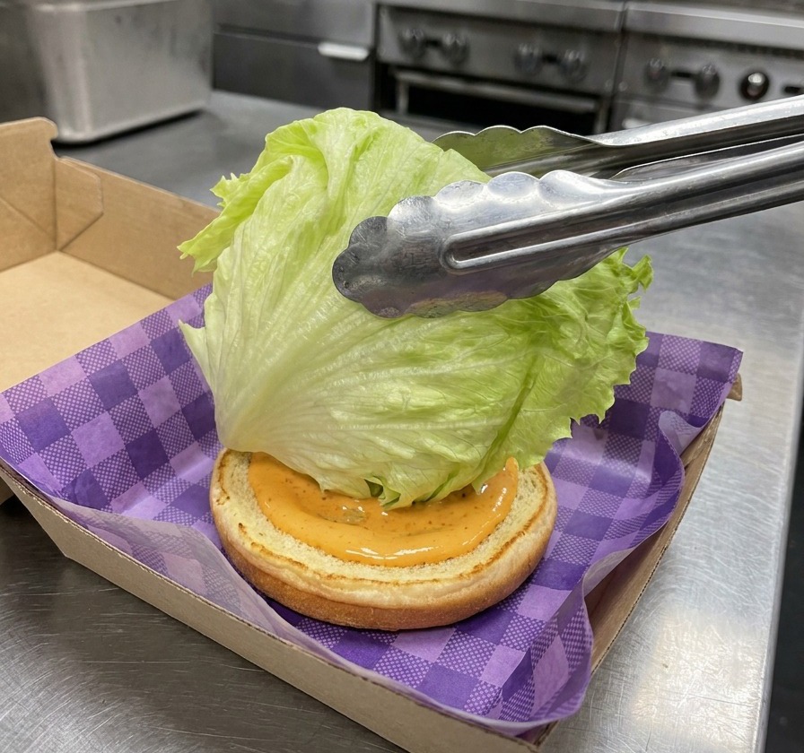 Des pinces tenant une grande feuille de laitue iceberg sur un pain toasté nappé de sauce orange.