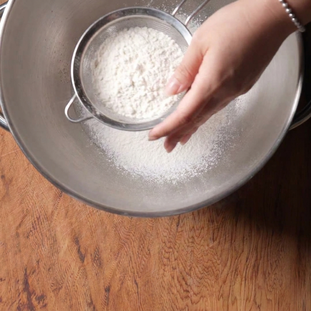 Tamiser de la farine blanche riche en protéines à travers un tamis fin dans un grand bol en acier inoxydable.