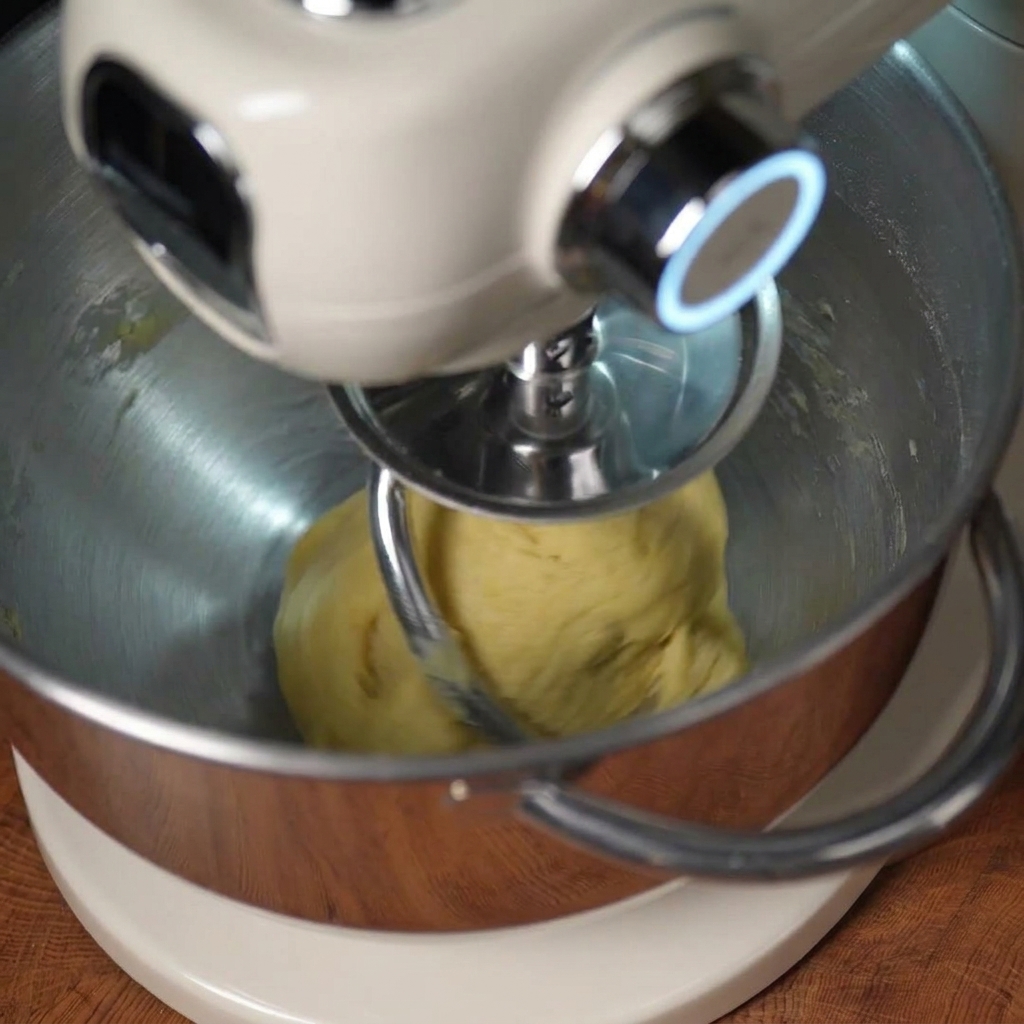 Un robot pâtissier avec un crochet pétrisseur travaillant une pâte jaune épaisse dans un bol en inox.
