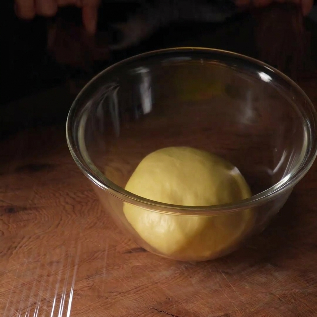 Une boule de pâte jaune lisse dans un bol en verre, recouverte hermétiquement de film plastique.