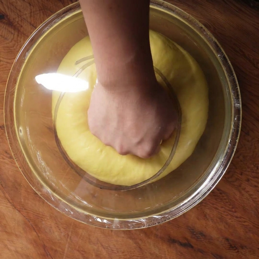 Une main pressant une pâte jaune lisse dans un bol pour en expulser lair.