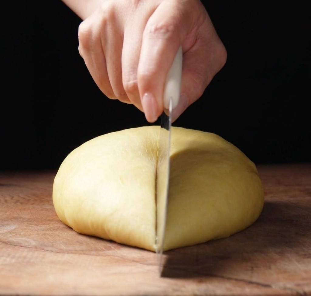Une main utilisant un coupe-pâte pour diviser la pâte briochée en sections égales sur une planche en bois.