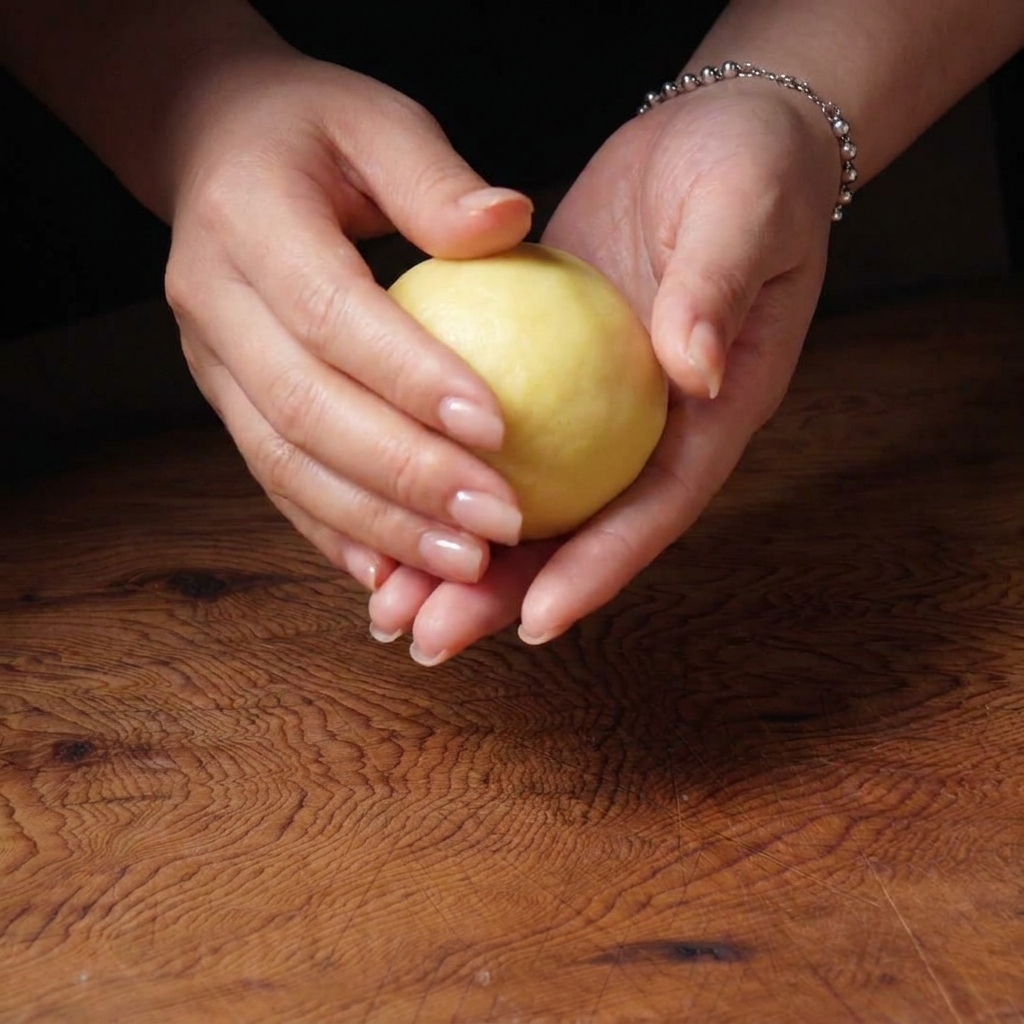 Deux mains roulant et façonnant un morceau de pâte en une boule lisse et serrée sur un comptoir.