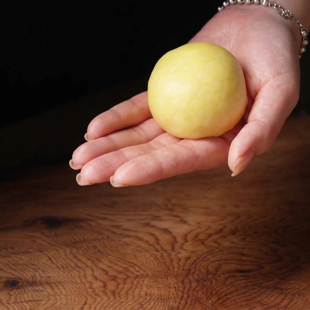 Une personne tenant une boule de pâte jaune parfaitement lisse au creux de sa main.