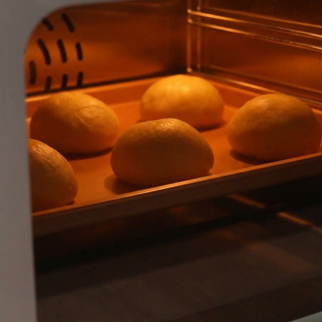 Quatre boules de pâte reposant sur une plaque dans un four chaud, paraissant bien gonflées.