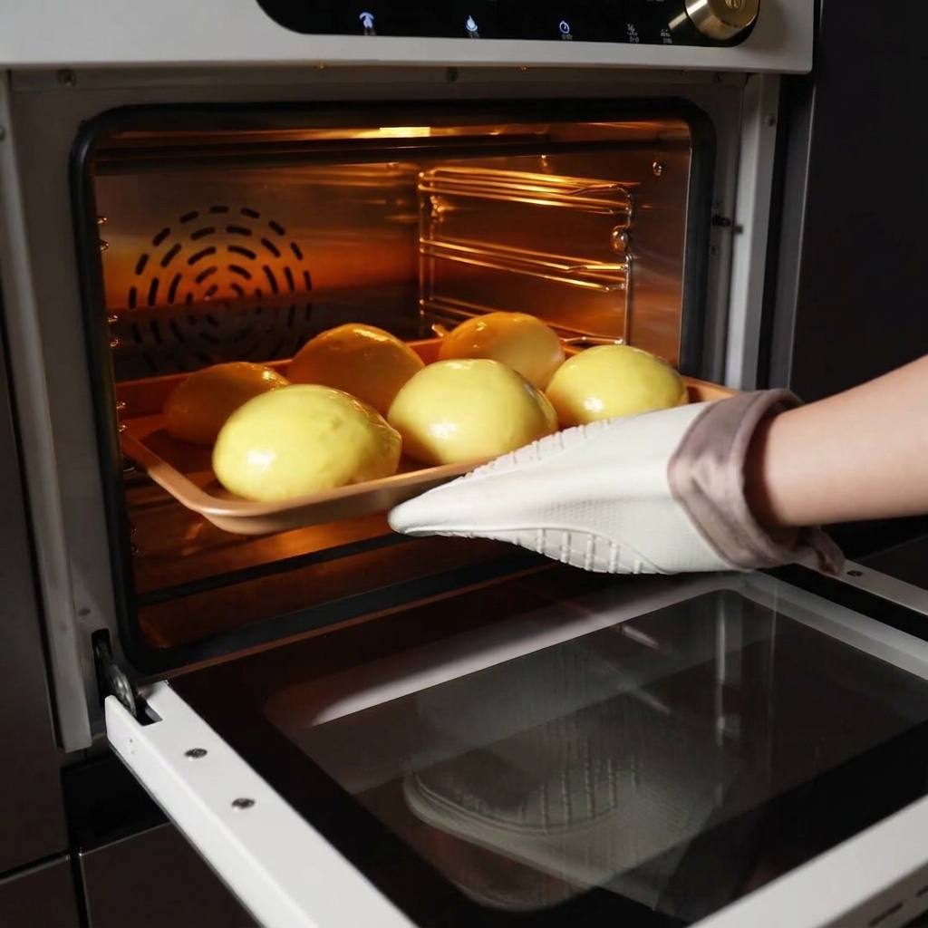 Une main avec un gant de cuisine glissant une plaque de six buns dorés dans un four éclairé.