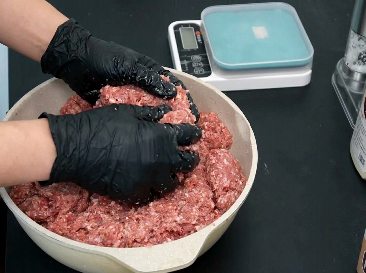 Mains gantées prélevant une portion de bœuf haché assaisonné.