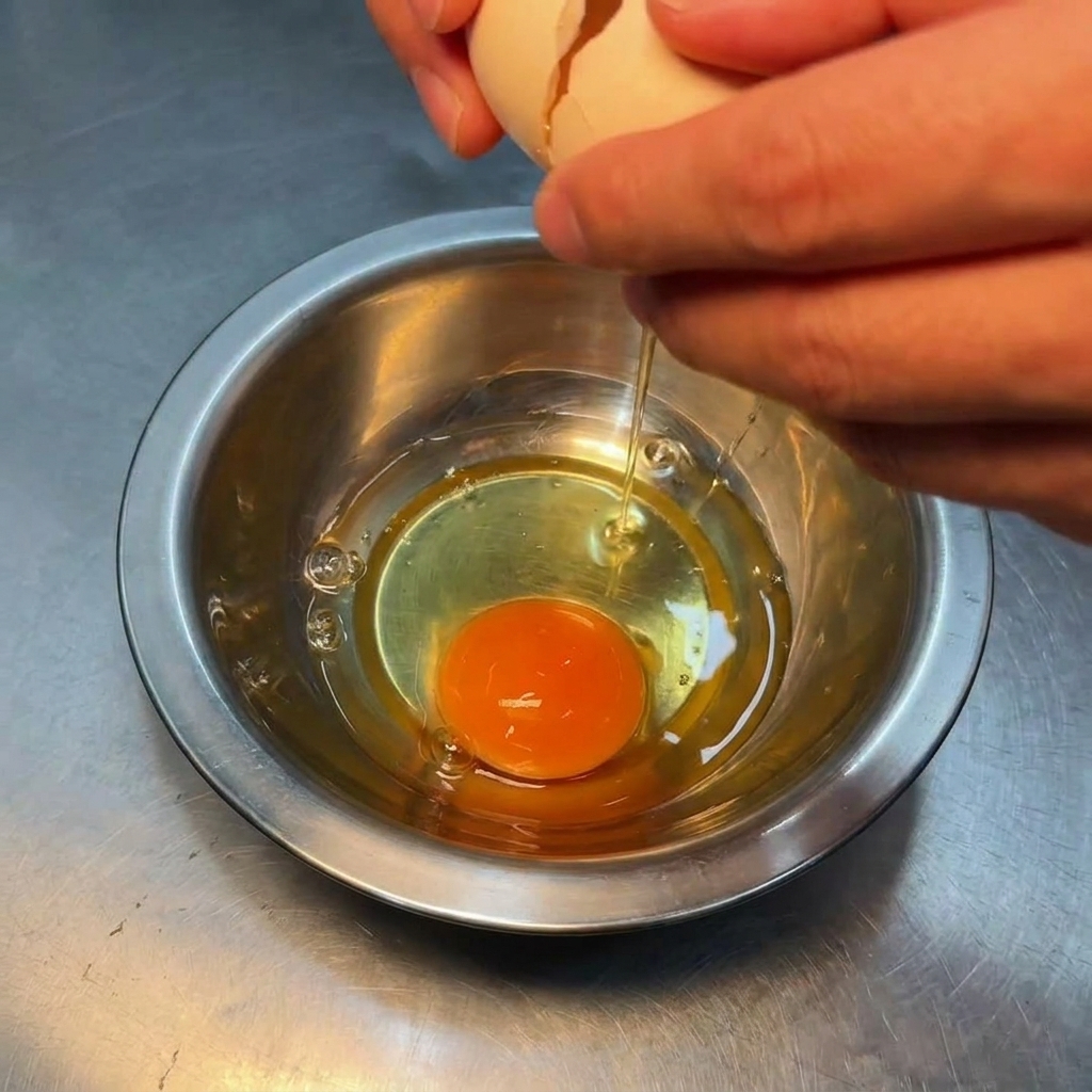 Mains cassant un œuf cru dans un petit bol en inox contenant déjà un autre œuf.