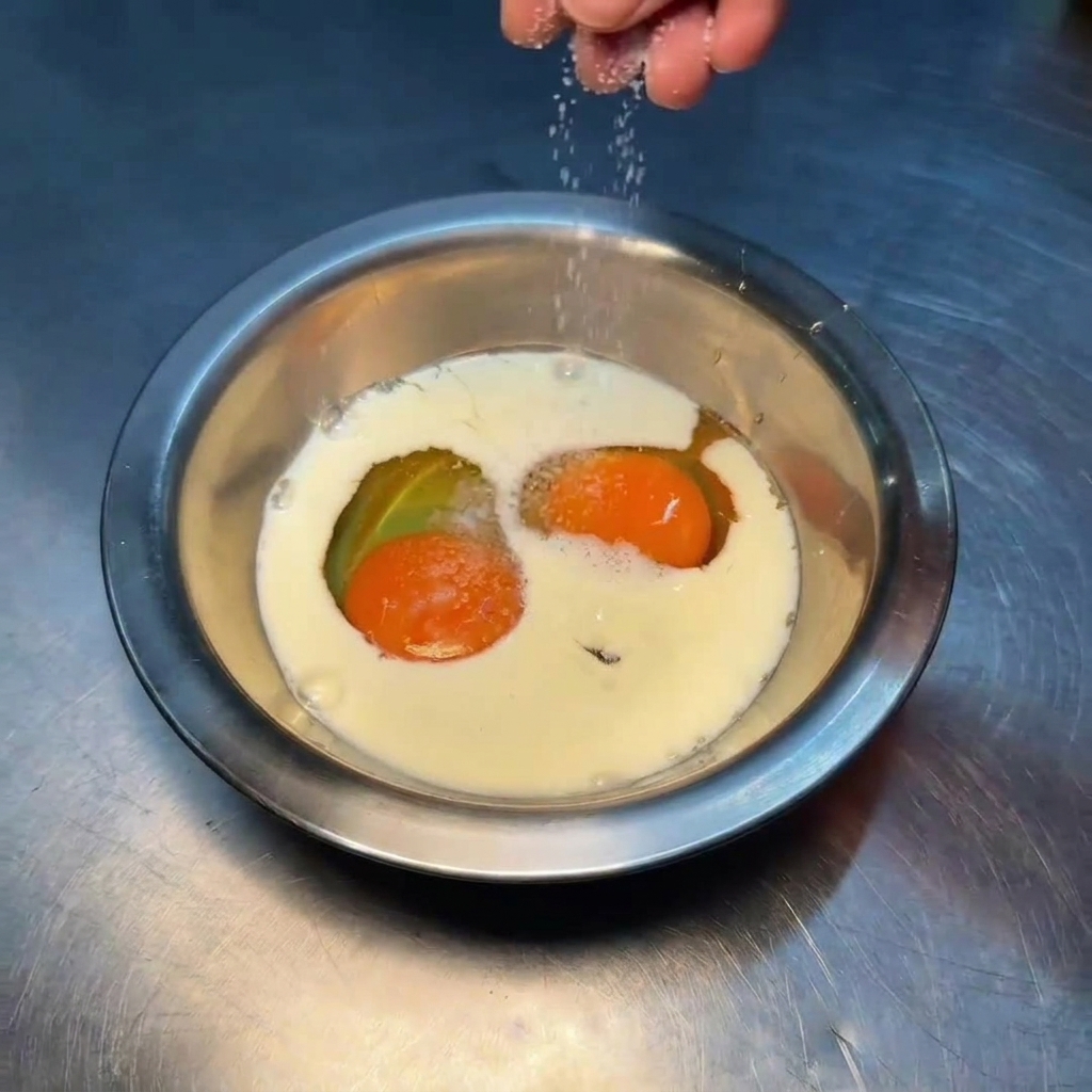 Une main saupoudrant du sel et du poivre blanc dans un bol dœufs et de lait.