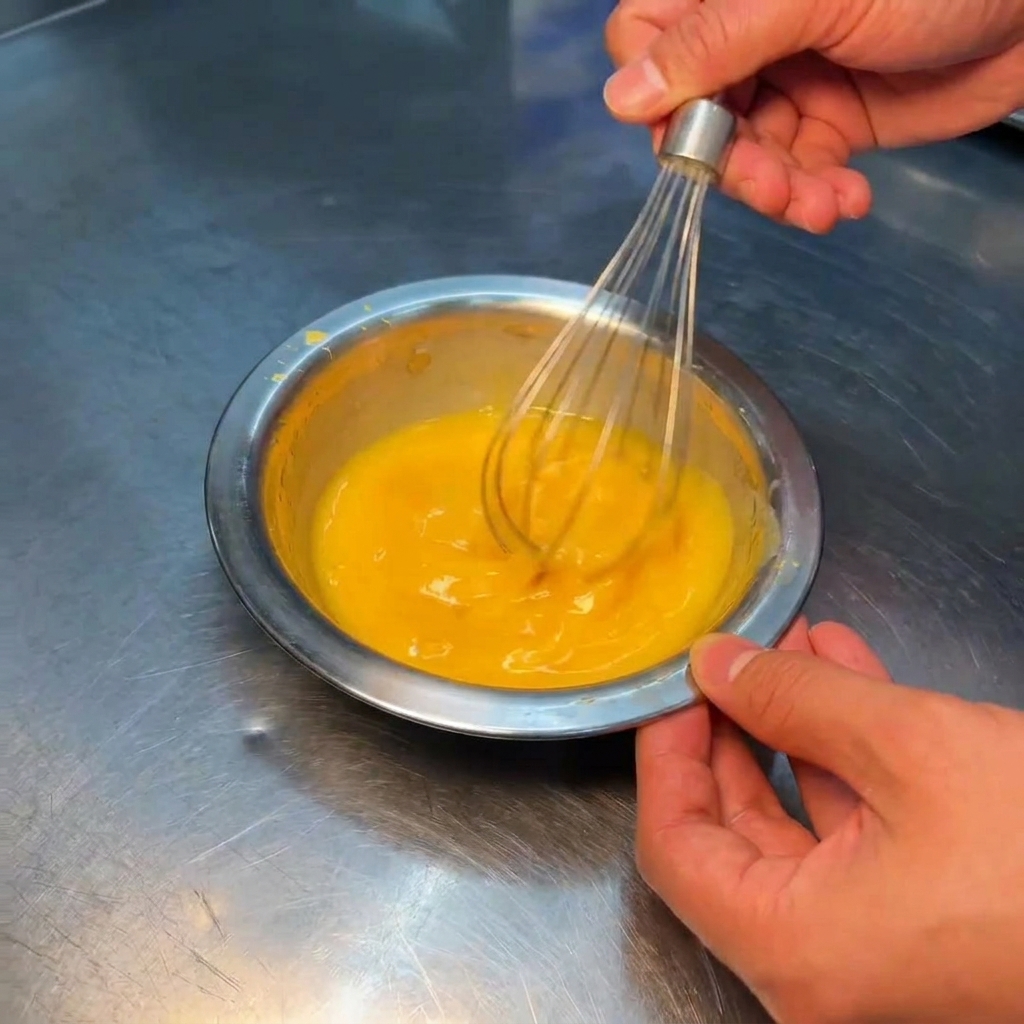 Fouettage dun mélange dœufs jaune vif et lisse dans un bol en inox.