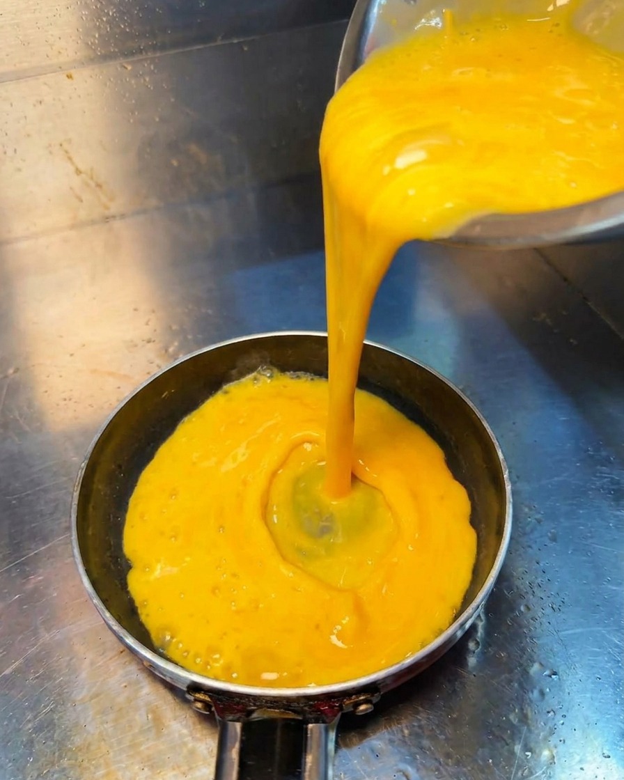 Verser le liquide dœuf jaune lisse dans une petite poêle chaude.