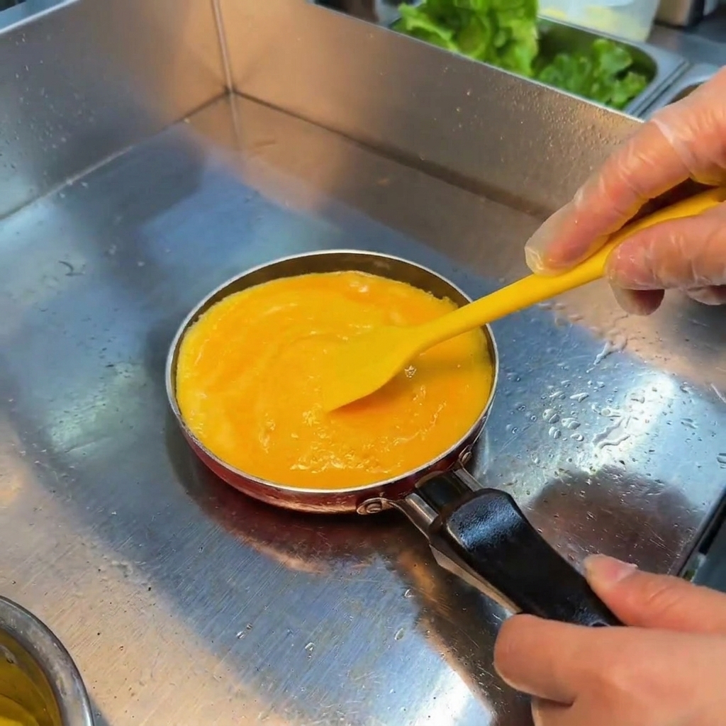 Une main remuant des œufs brouillés tendres partiellement cuits avec une spatule jaune.