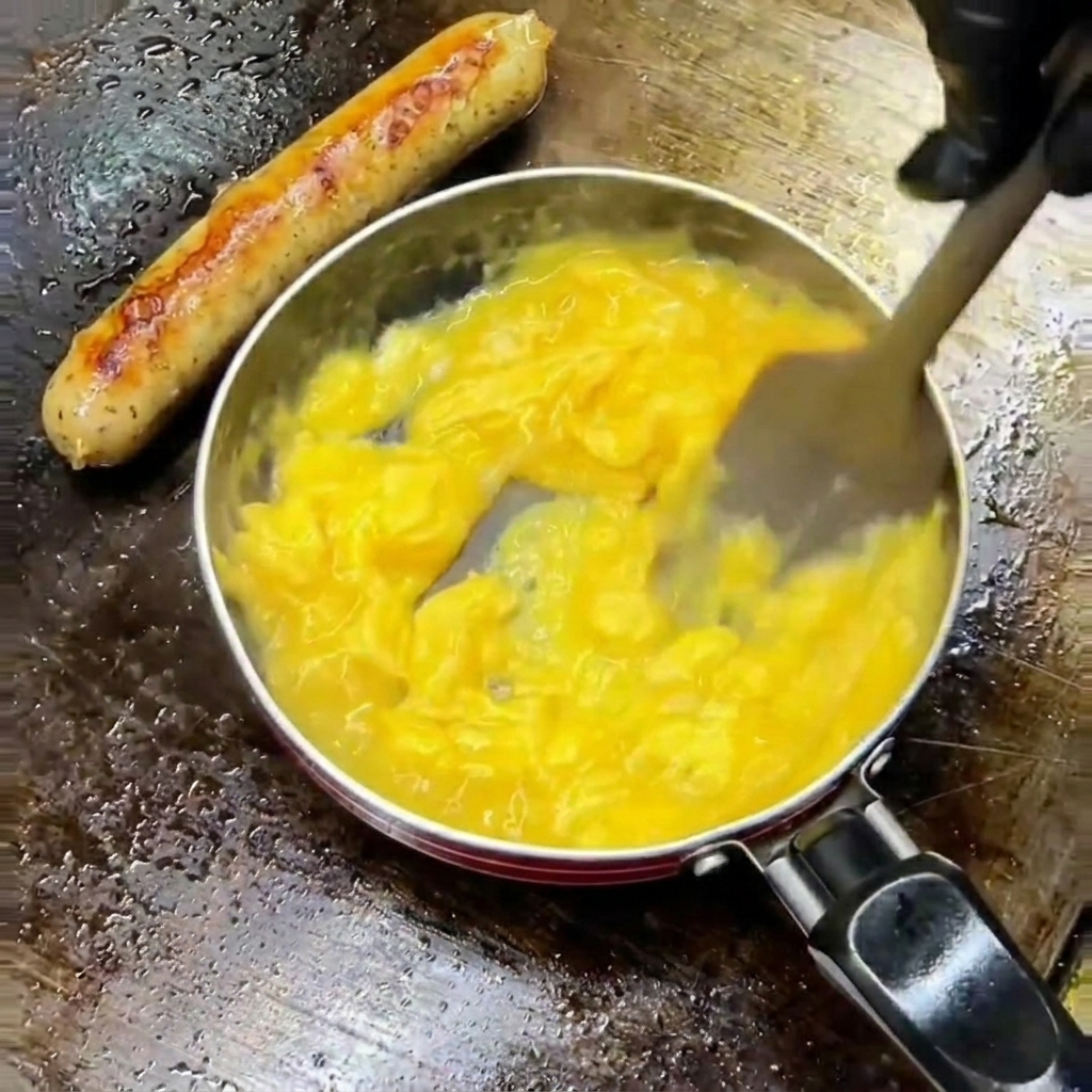 Œufs brouillés délicatement remués avec une spatule dans une petite poêle.