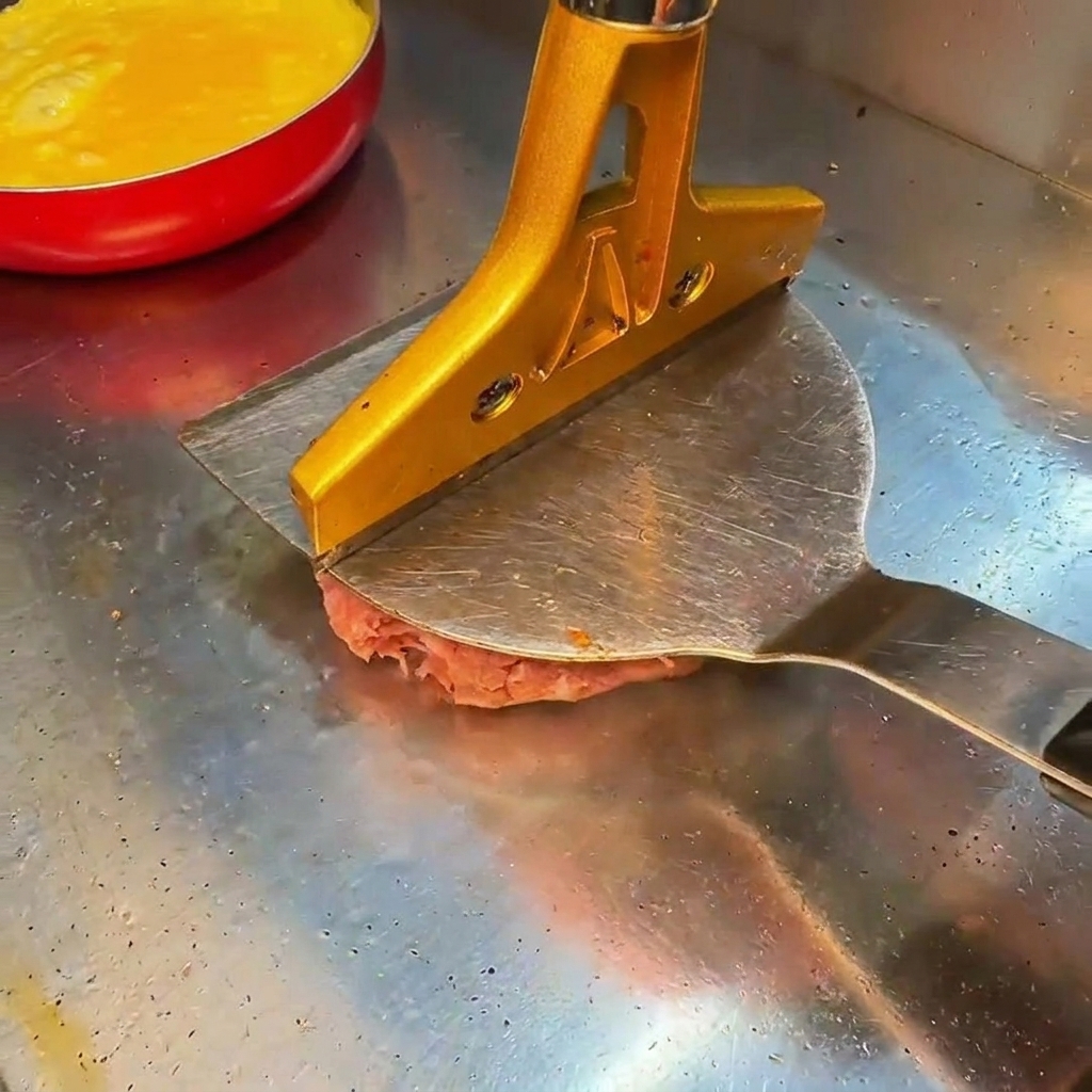 Un steak de bœuf cru aplati sur un grill chaud à laide dune presse métallique lourde.