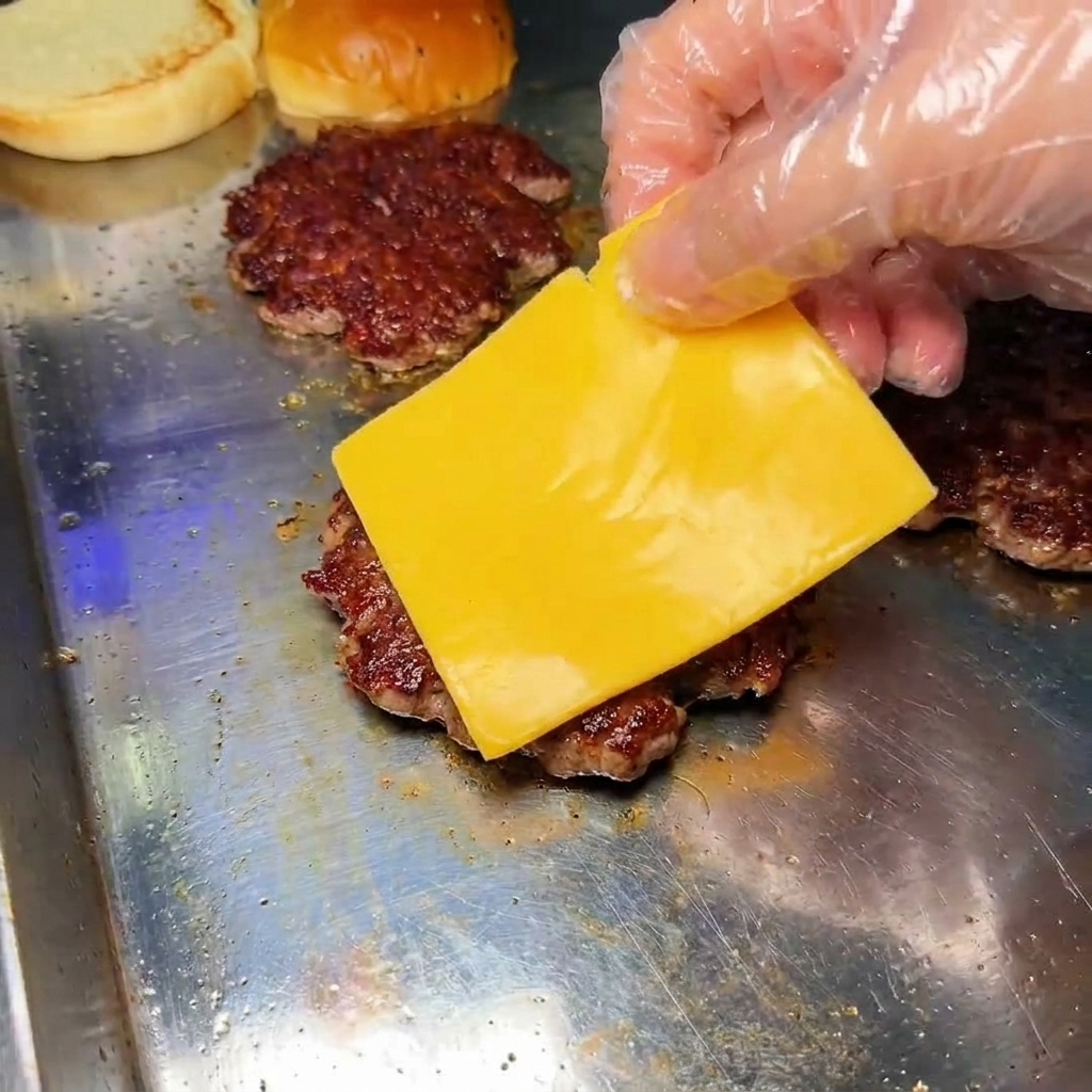 Une main gantée déposant une tranche de fromage jaune sur un steak de bœuf bien grillé.
