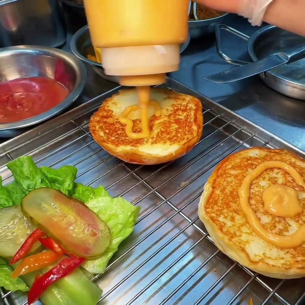 Application dune sauce burger orangée sur des pains toastés disposés sur une grille.