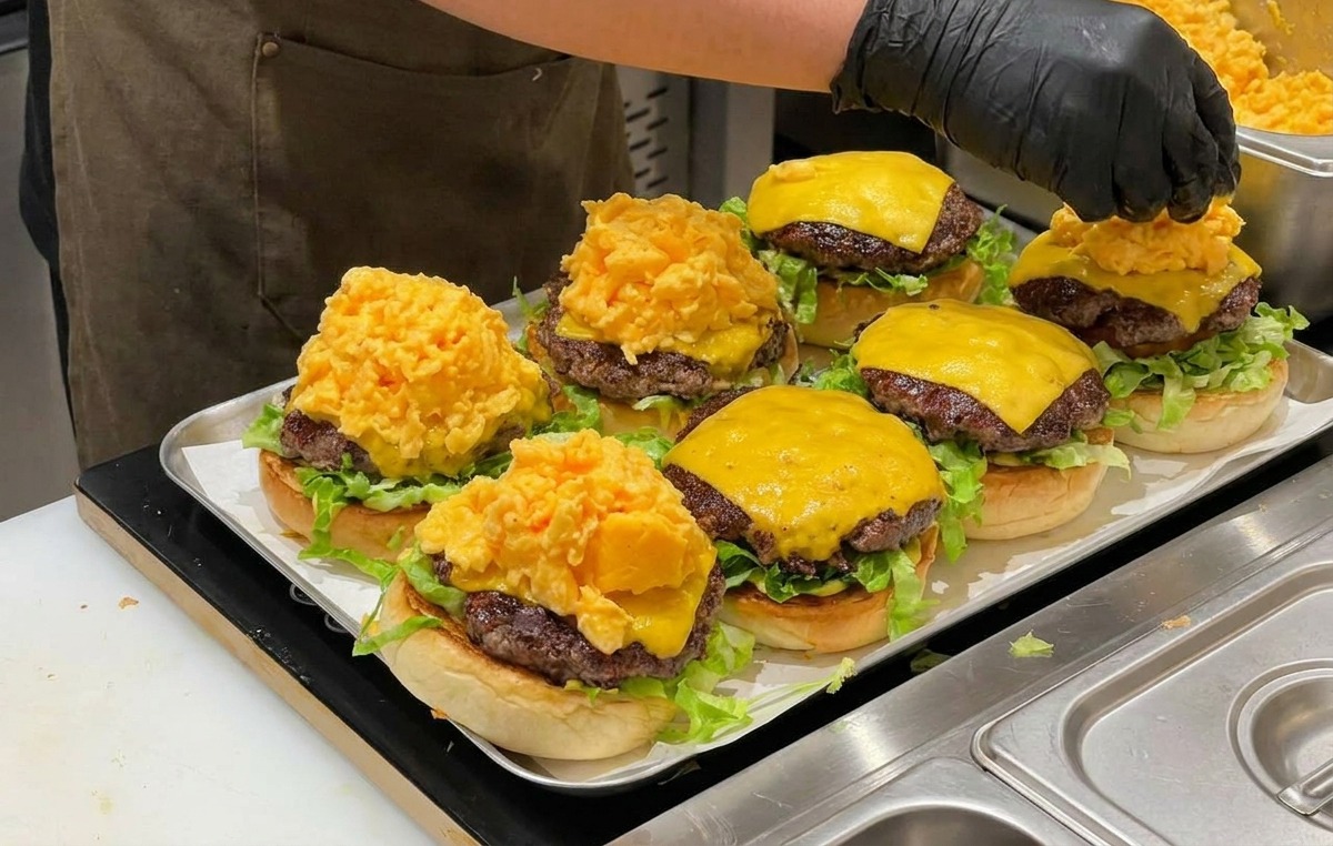 Une personne posant une large portion dœufs brouillés onctueux sur un burger avec steak et fromage.