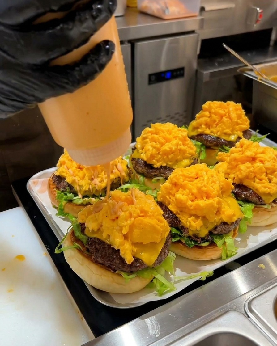 Verser de la sauce aigre-douce orangée sur un burger épais surmonté dœufs brouillés.