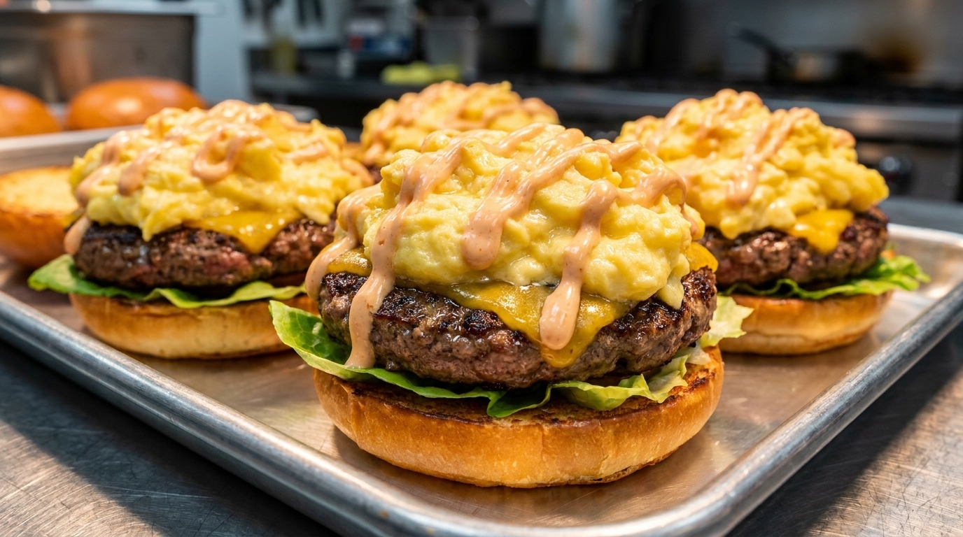 Burger de Bœuf Smashé aux Œufs Crémeux et Fromage Fondant