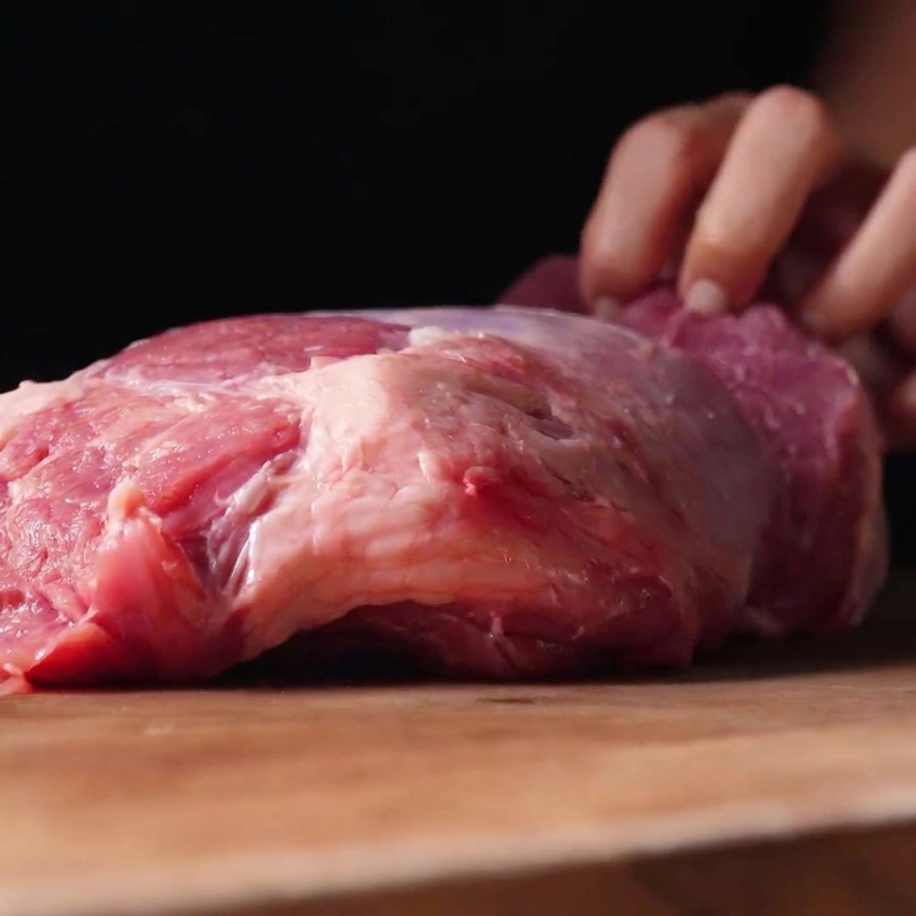 Un gros morceau de mandrin de bœuf cru sur une planche à découper en bois.