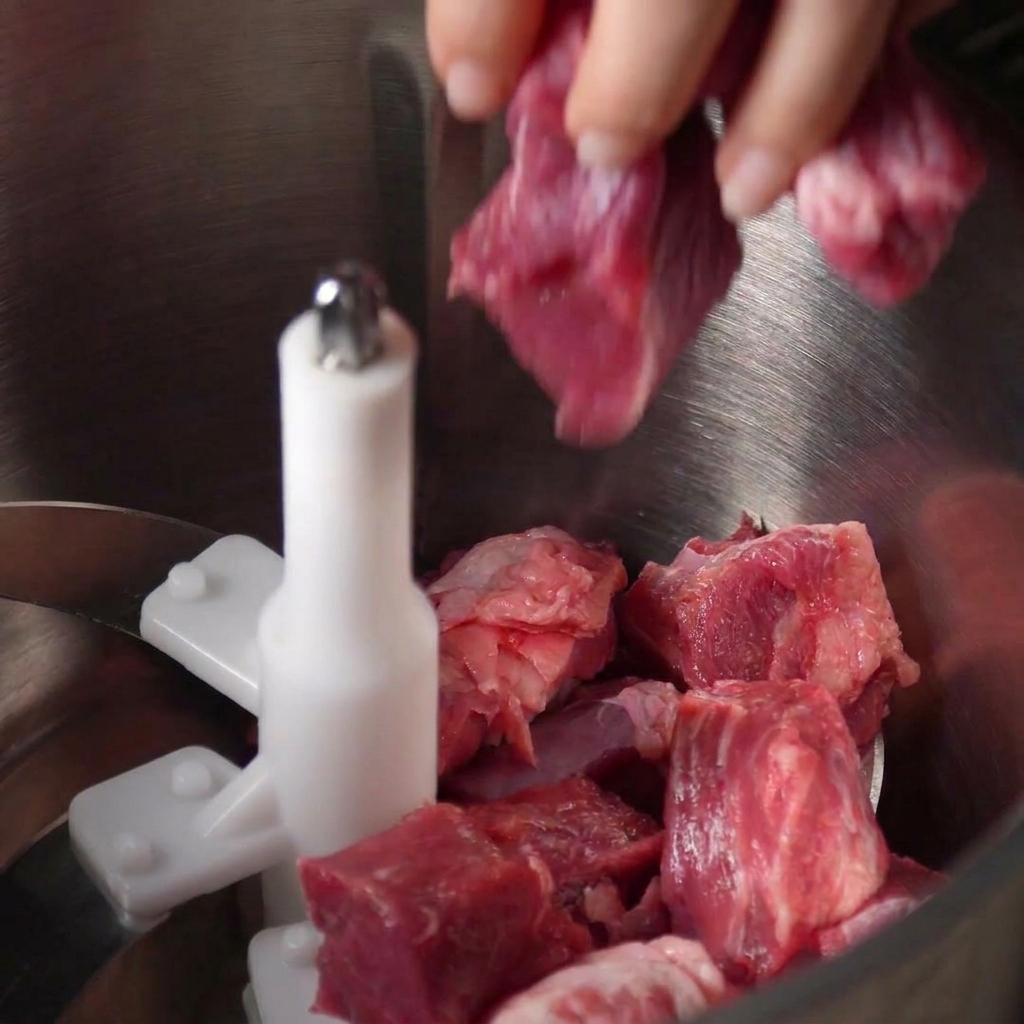 Main déposant des morceaux de gras de bœuf dans le bol dun robot culinaire.