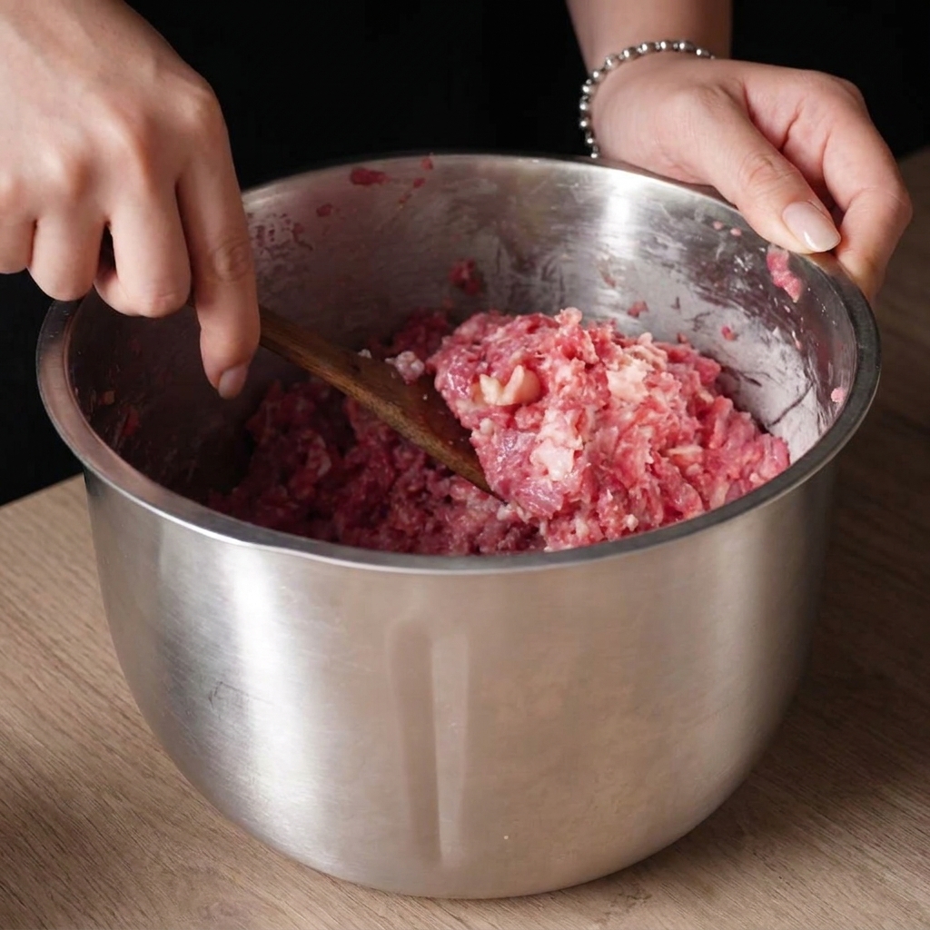 Viande de bœuf hachée grossièrement dans une cuillère en bois au-dessus dun bol en inox.