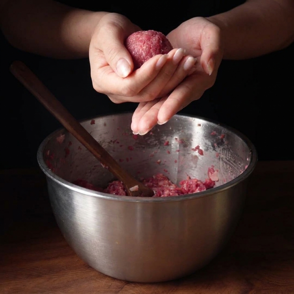 Deux mains façonnant délicatement une boule de viande de bœuf hachée au-dessus dun bol.
