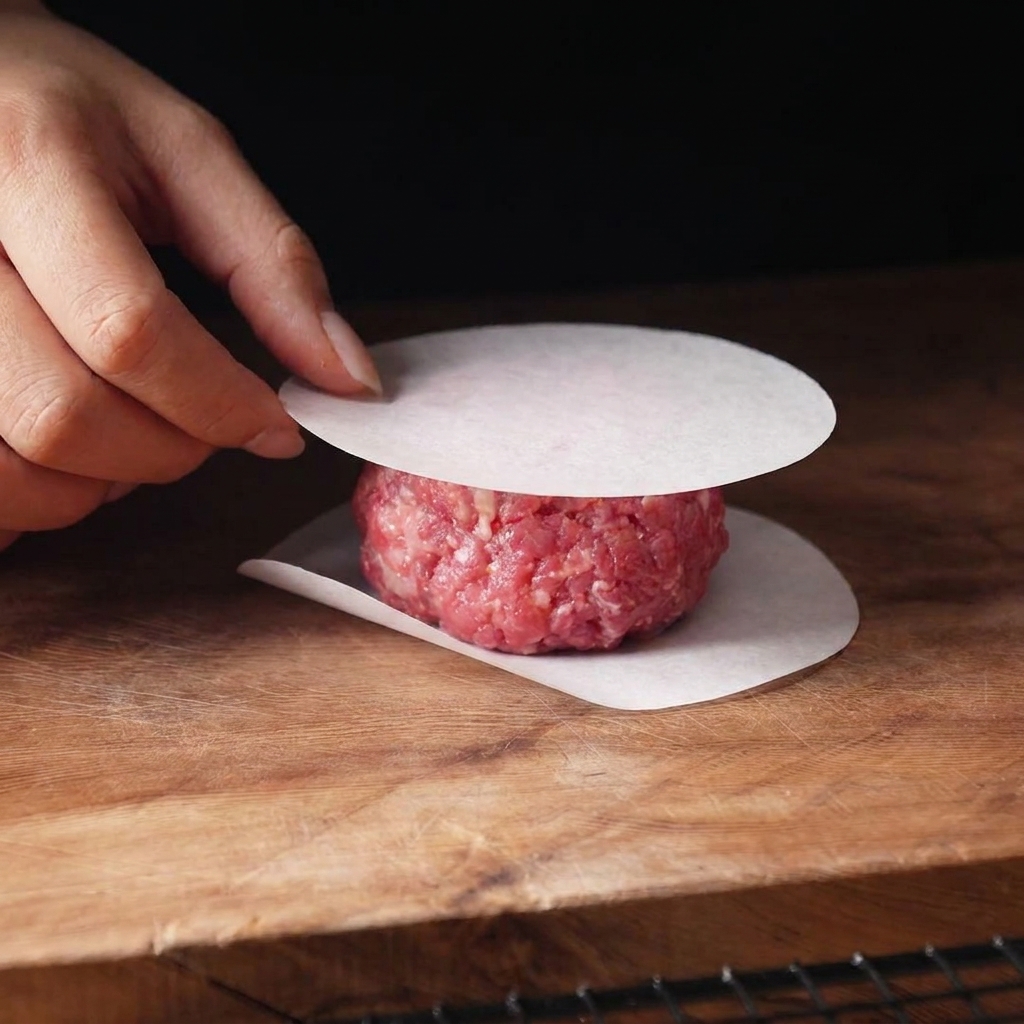 Une main plaçant une feuille de papier sulfurisé sur une boule de viande pour laplatir.