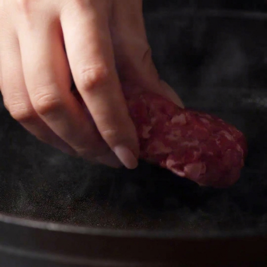Main déposant un steak de bœuf sur une poêle sombre et fumante.