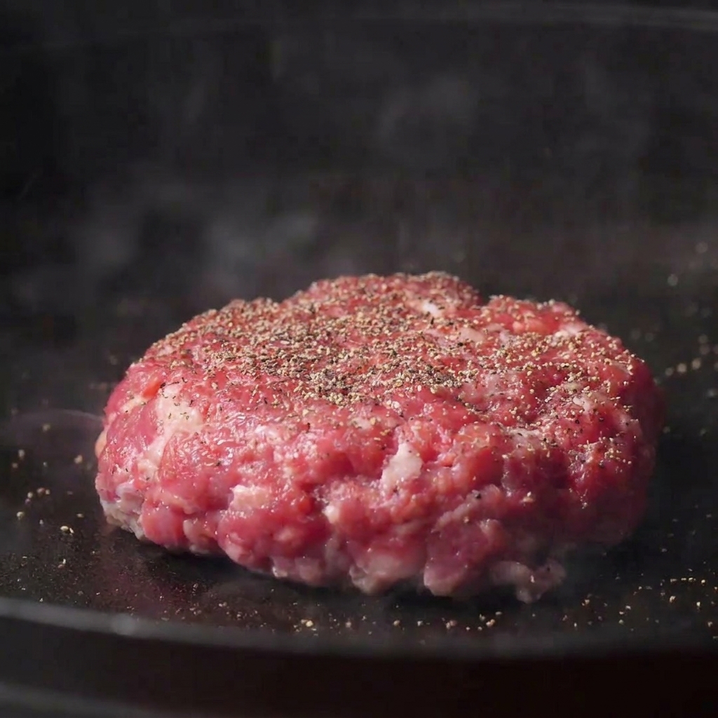 Un steak de bœuf épais grésillant dans une poêle en fonte, assaisonné de sel et de poivre.